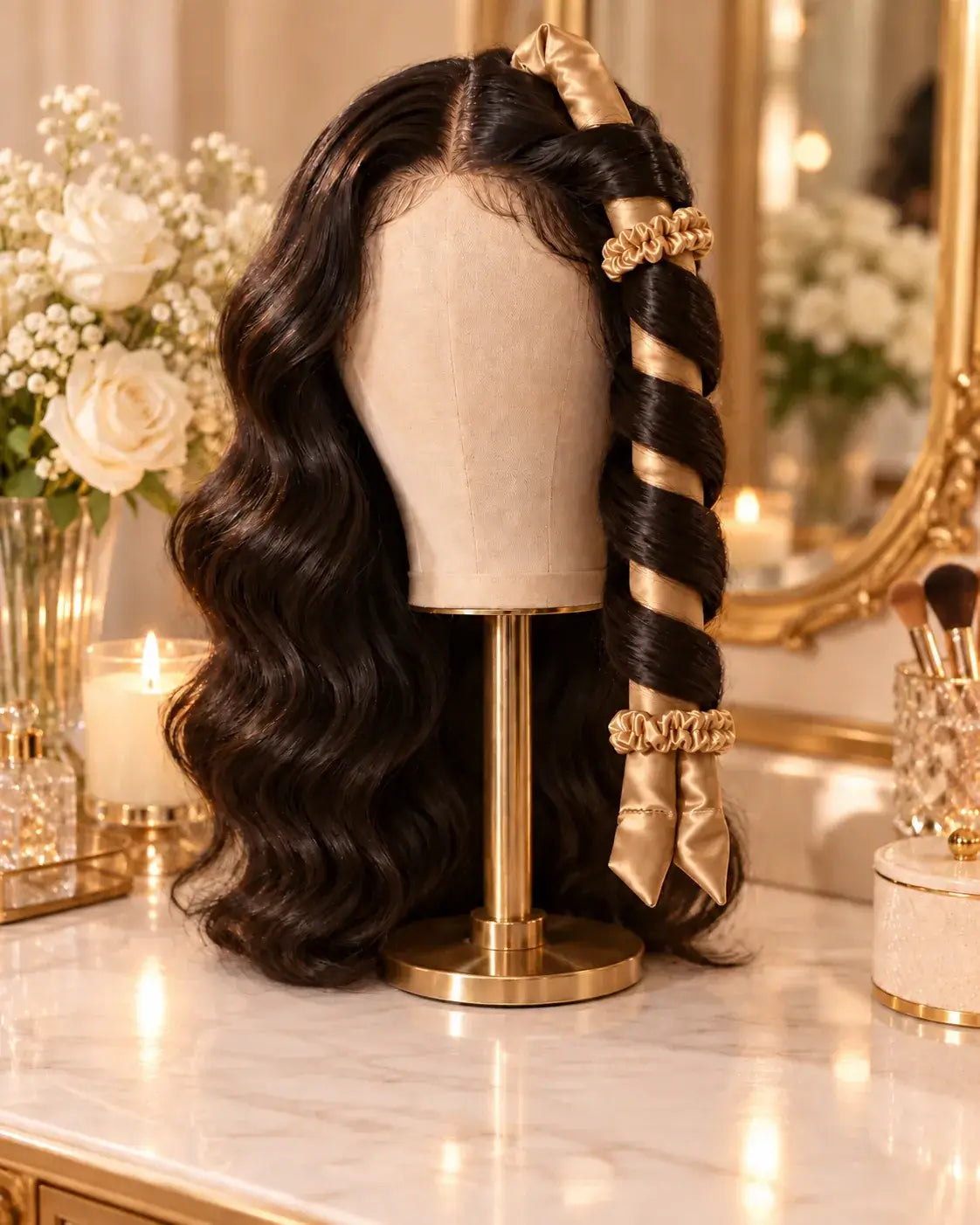 Tessora heatless curl set styled on a wig mannequin
