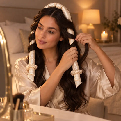 Tessora heatless curl set in beige, wrapped in hair for overnight curls